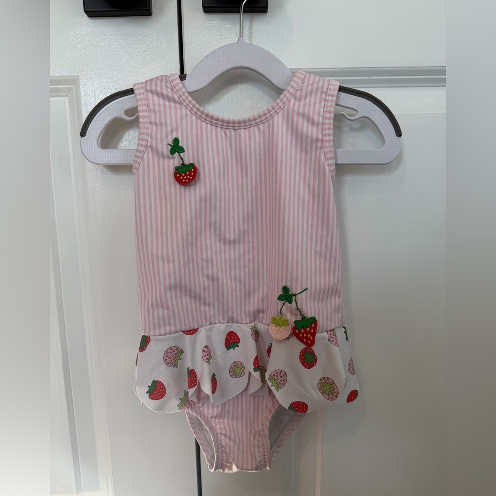 Bella Bliss Girls Strawberry Pink Seersucker Swimsuit Size 3